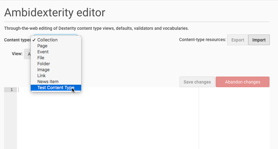 The Ambidexterity editor: selecting a content type.